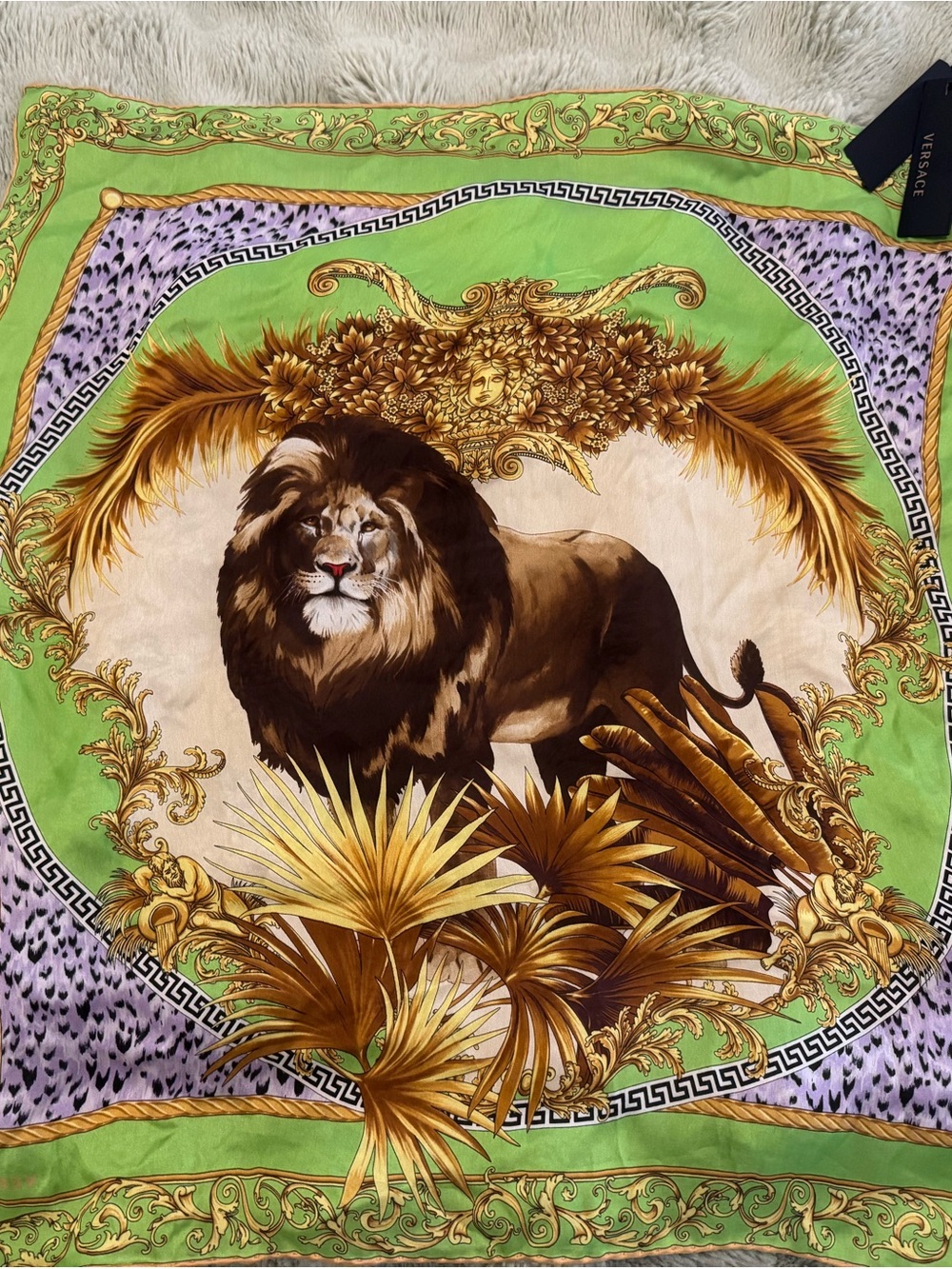 Versace Green and Gold Lion Motif Silk Scarf - Picture 1 of 3